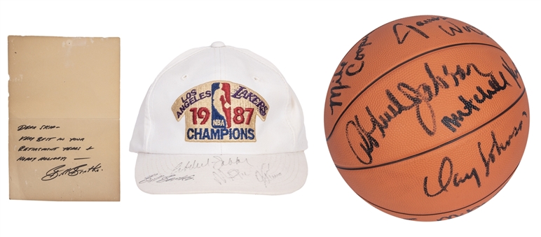 Lot of (3) Los Angels Lakers Memorabilia Featuring 1987 Team Signed Ball, Magic Johnson & Kareem Abdul-Jabbar Signed Hat, & Bill Bertka Signed Note (Beckett Pre Cert & JSA)